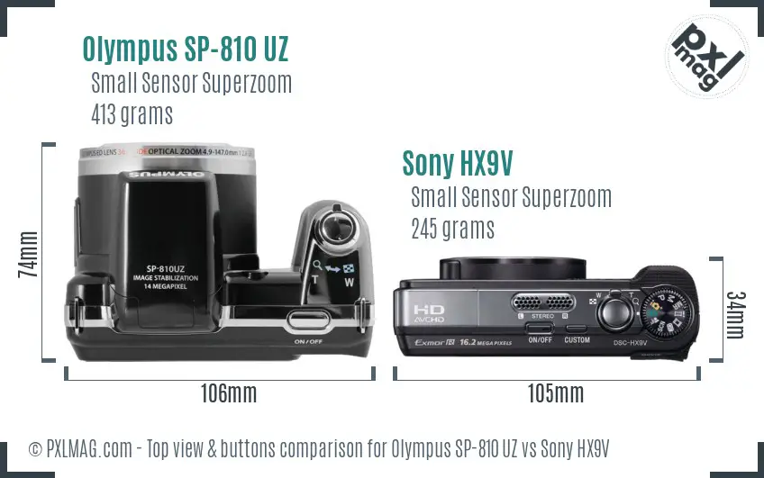 Olympus SP-810 UZ vs Sony HX9V top view buttons comparison