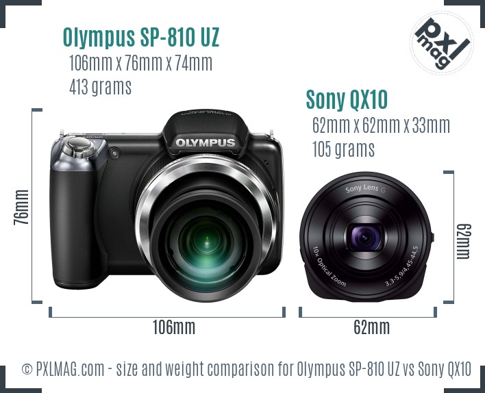 Olympus SP-810 UZ vs Sony QX10 size comparison