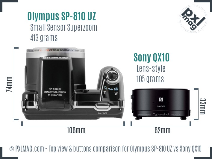 Olympus SP-810 UZ vs Sony QX10 top view buttons comparison