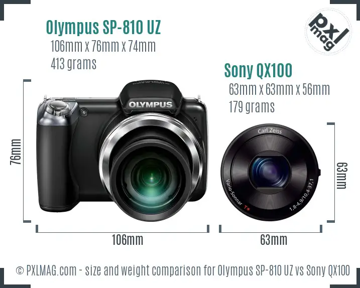 Olympus SP-810 UZ vs Sony QX100 size comparison