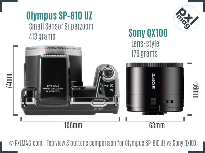 Olympus SP-810 UZ vs Sony QX100 top view buttons comparison