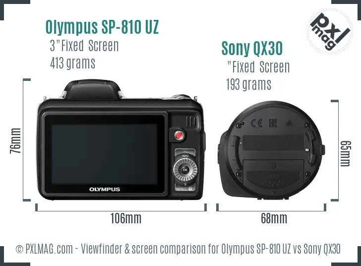 Olympus SP-810 UZ vs Sony QX30 Screen and Viewfinder comparison