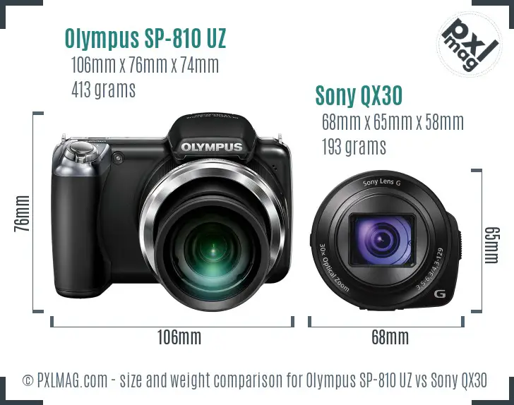 Olympus SP-810 UZ vs Sony QX30 size comparison