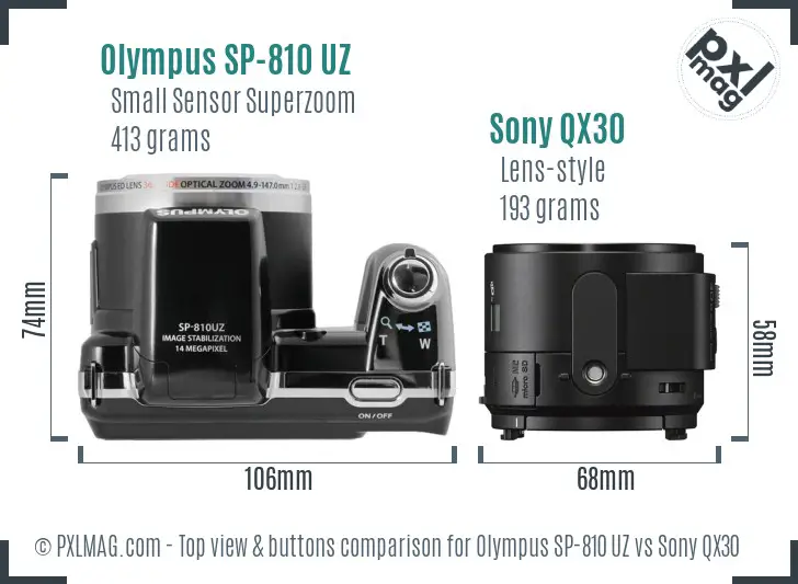 Olympus SP-810 UZ vs Sony QX30 top view buttons comparison