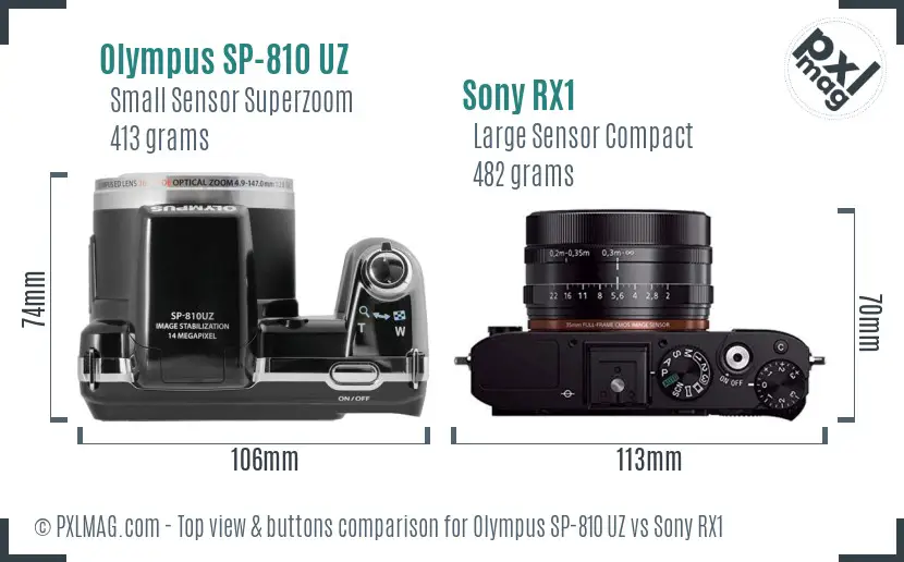 Olympus SP-810 UZ vs Sony RX1 top view buttons comparison