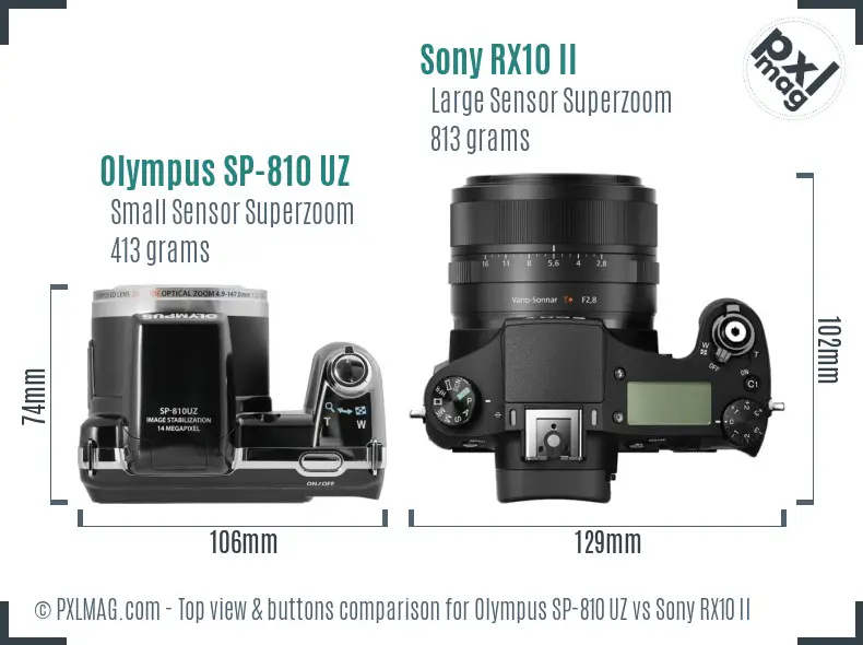 Olympus SP-810 UZ vs Sony RX10 II top view buttons comparison