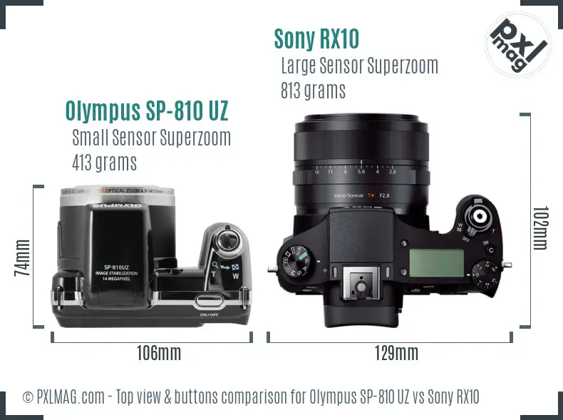 Olympus SP-810 UZ vs Sony RX10 top view buttons comparison
