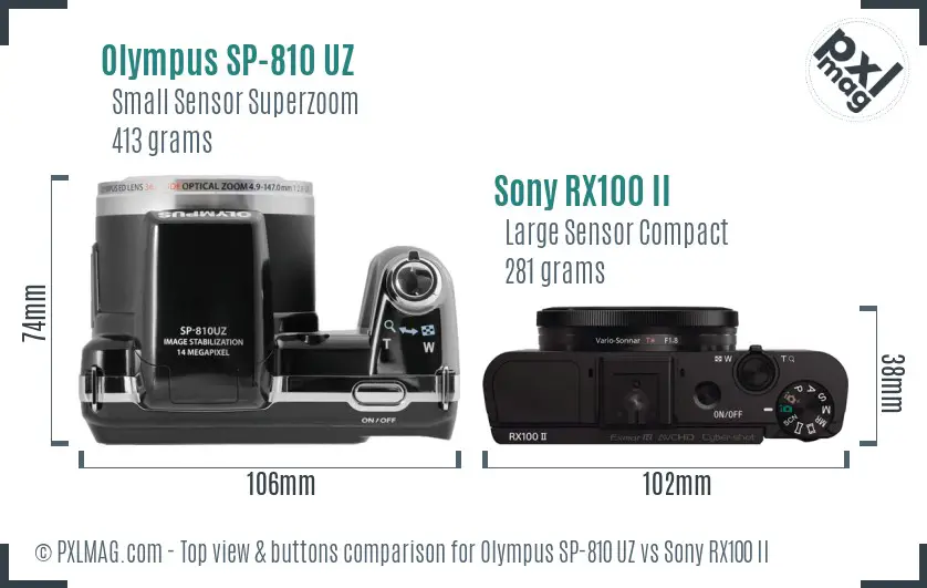Olympus SP-810 UZ vs Sony RX100 II top view buttons comparison