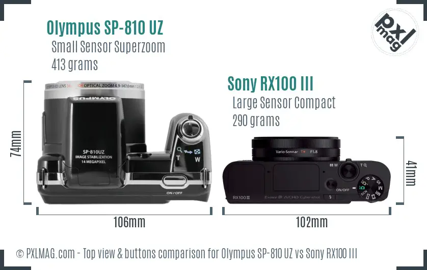 Olympus SP-810 UZ vs Sony RX100 III top view buttons comparison