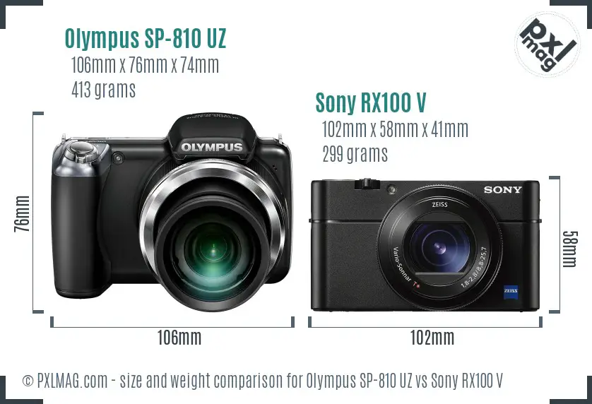 Olympus SP-810 UZ vs Sony RX100 V size comparison