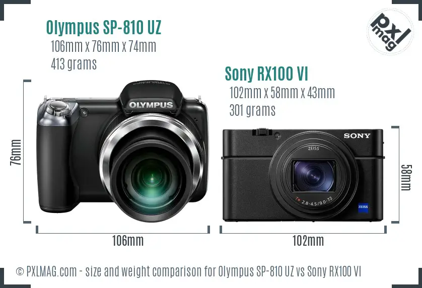 Olympus SP-810 UZ vs Sony RX100 VI size comparison Olympus SP-810 UZ vs Sony RX100 VI size comparison