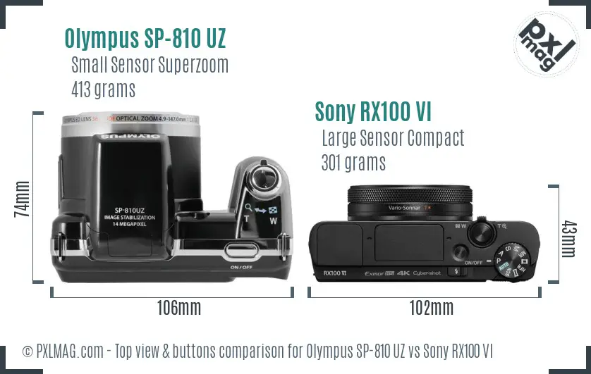 Olympus SP-810 UZ vs Sony RX100 VI top view buttons comparison Olympus SP-810 UZ vs Sony RX100 VI top view buttons comparison