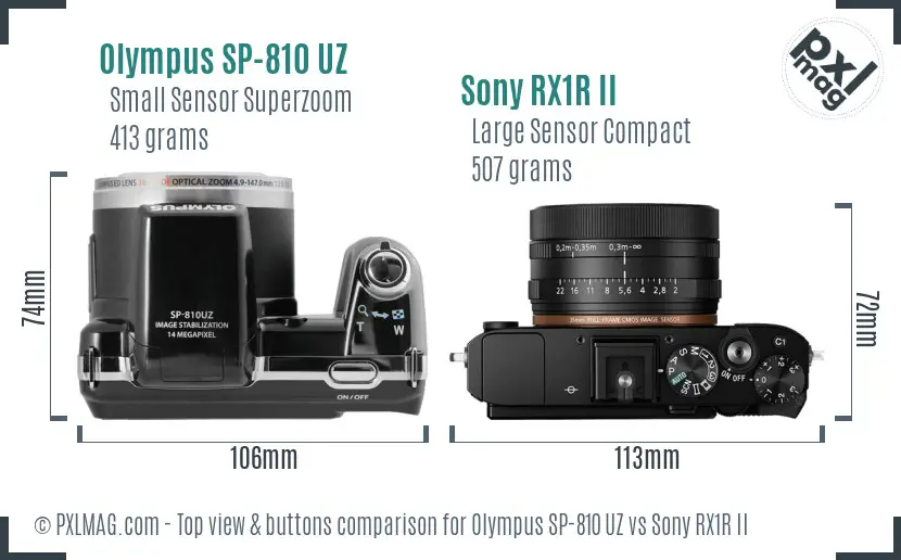 Olympus SP-810 UZ vs Sony RX1R II top view buttons comparison