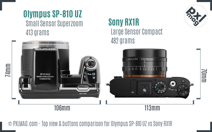 Olympus SP-810 UZ vs Sony RX1R top view buttons comparison