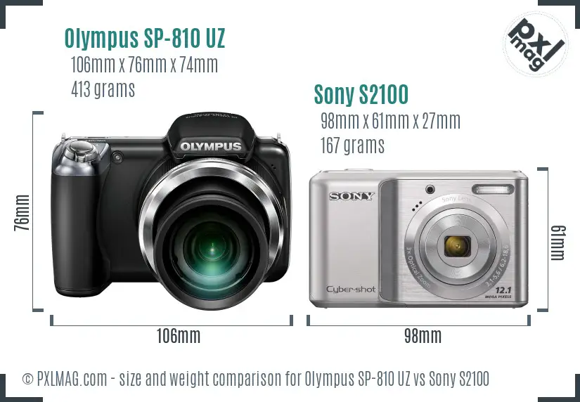 Olympus SP-810 UZ vs Sony S2100 size comparison