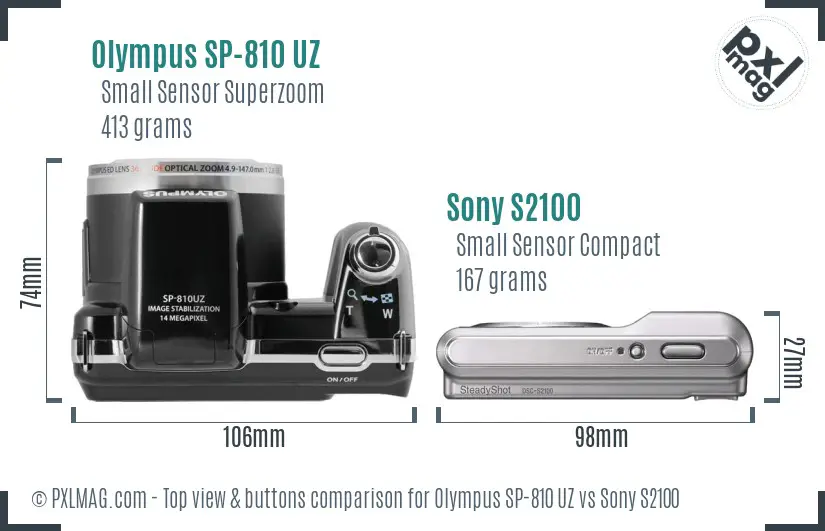 Olympus SP-810 UZ vs Sony S2100 top view buttons comparison