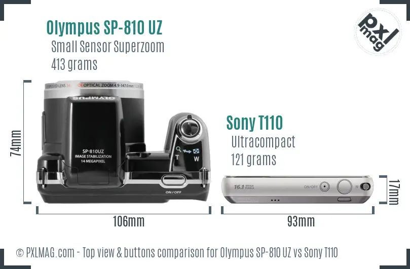 Olympus SP-810 UZ vs Sony T110 top view buttons comparison