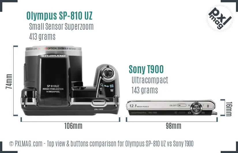 Olympus SP-810 UZ vs Sony T900 top view buttons comparison Olympus SP-810 UZ vs Sony T900 top view buttons comparison