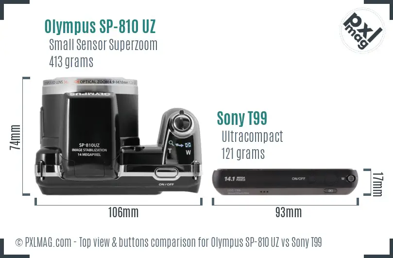 Olympus SP-810 UZ vs Sony T99 top view buttons comparison