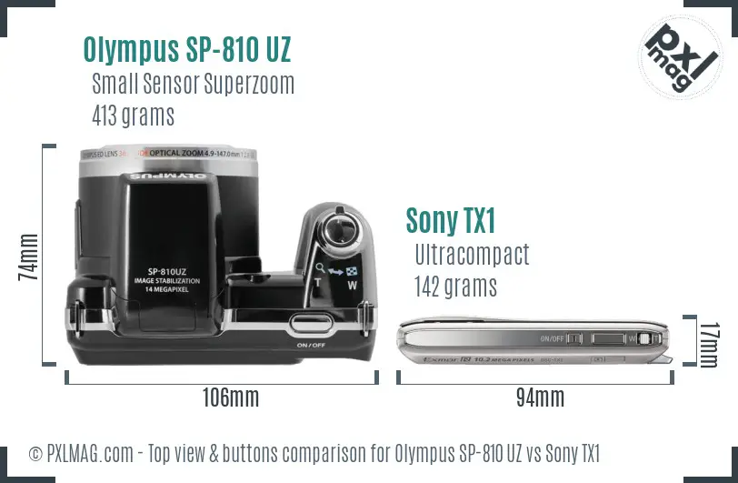 Olympus SP-810 UZ vs Sony TX1 top view buttons comparison Olympus SP-810 UZ vs Sony TX1 top view buttons comparison