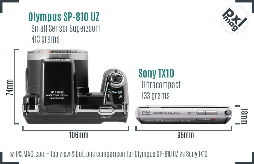 Olympus SP-810 UZ vs Sony TX10 top view buttons comparison