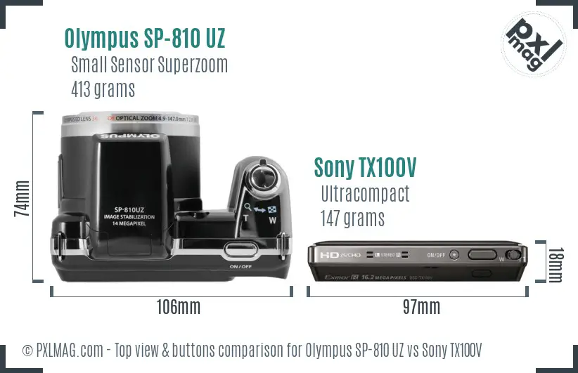 Olympus SP-810 UZ vs Sony TX100V top view buttons comparison Olympus SP-810 UZ vs Sony TX100V top view buttons comparison