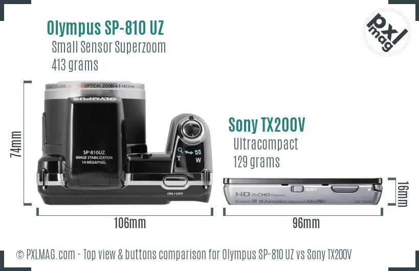 Olympus SP-810 UZ vs Sony TX200V top view buttons comparison
