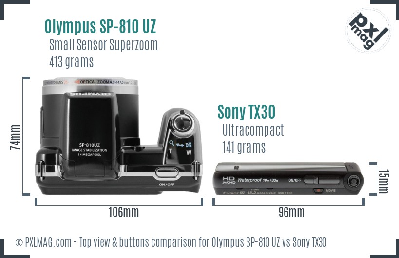 Olympus SP-810 UZ vs Sony TX30 top view buttons comparison