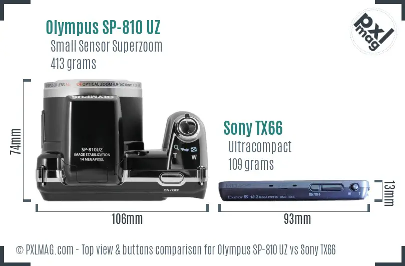 Olympus SP-810 UZ vs Sony TX66 top view buttons comparison