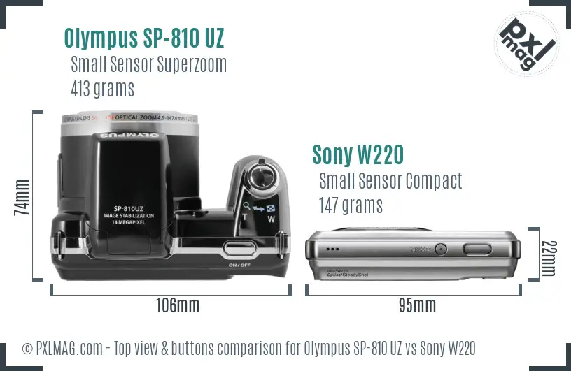Olympus SP-810 UZ vs Sony W220 top view buttons comparison Olympus SP-810 UZ vs Sony W220 top view buttons comparison