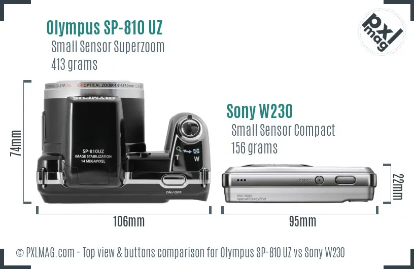 Olympus SP-810 UZ vs Sony W230 top view buttons comparison