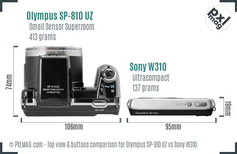 Olympus SP-810 UZ vs Sony W310 top view buttons comparison Olympus SP-810 UZ vs Sony W310 top view buttons comparison