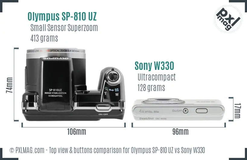 Olympus SP-810 UZ vs Sony W330 top view buttons comparison Olympus SP-810 UZ vs Sony W330 top view buttons comparison