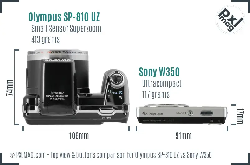 Olympus SP-810 UZ vs Sony W350 top view buttons comparison