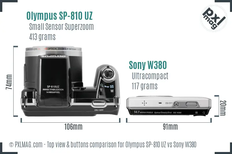 Olympus SP-810 UZ vs Sony W380 top view buttons comparison Olympus SP-810 UZ vs Sony W380 top view buttons comparison