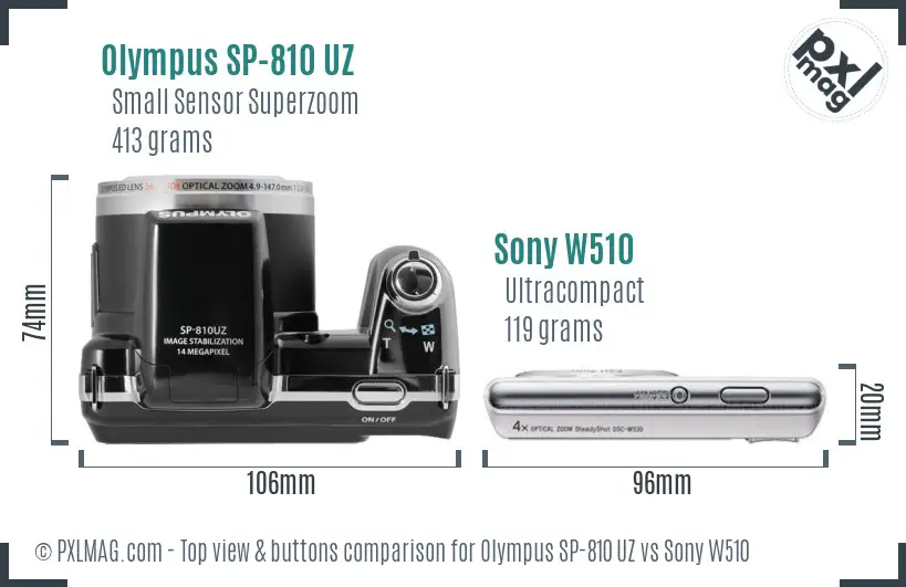 Olympus SP-810 UZ vs Sony W510 top view buttons comparison