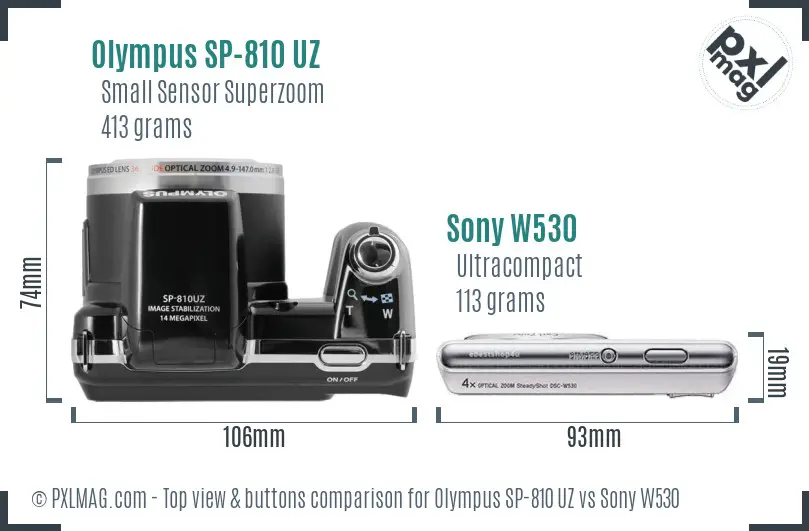 Olympus SP-810 UZ vs Sony W530 top view buttons comparison