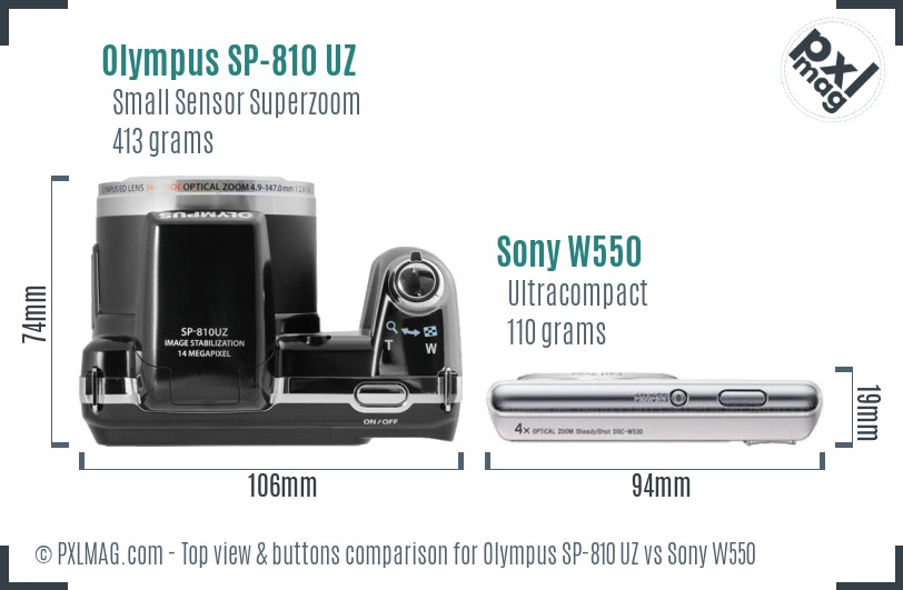 Olympus SP-810 UZ vs Sony W550 top view buttons comparison