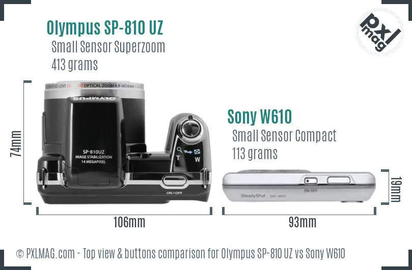 Olympus SP-810 UZ vs Sony W610 top view buttons comparison