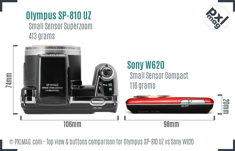 Olympus SP-810 UZ vs Sony W620 top view buttons comparison Olympus SP-810 UZ vs Sony W620 top view buttons comparison