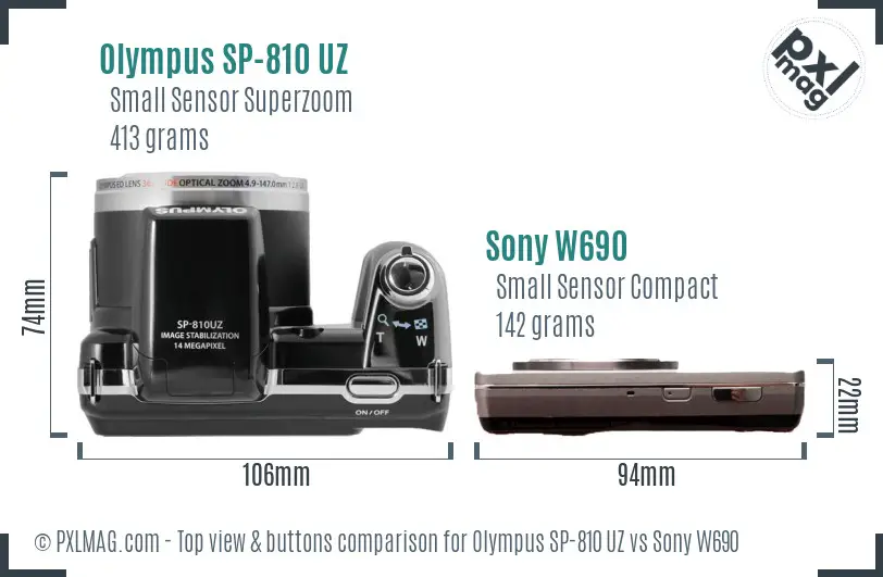 Olympus SP-810 UZ vs Sony W690 top view buttons comparison Olympus SP-810 UZ vs Sony W690 top view buttons comparison