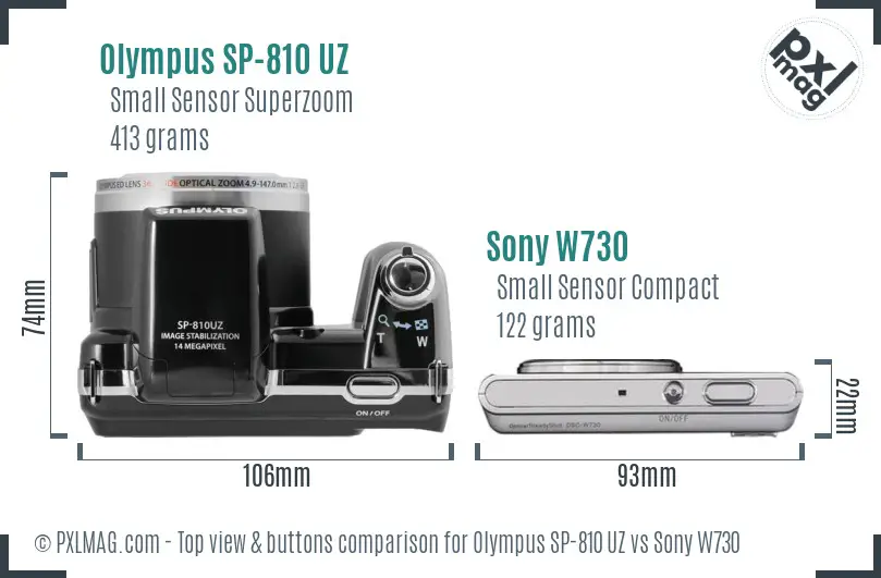 Olympus SP-810 UZ vs Sony W730 top view buttons comparison