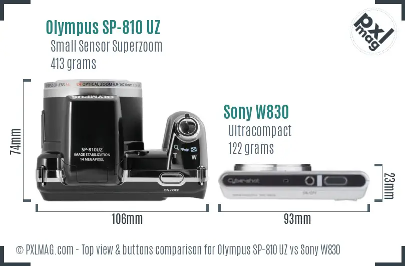 Olympus SP-810 UZ vs Sony W830 top view buttons comparison Olympus SP-810 UZ vs Sony W830 top view buttons comparison