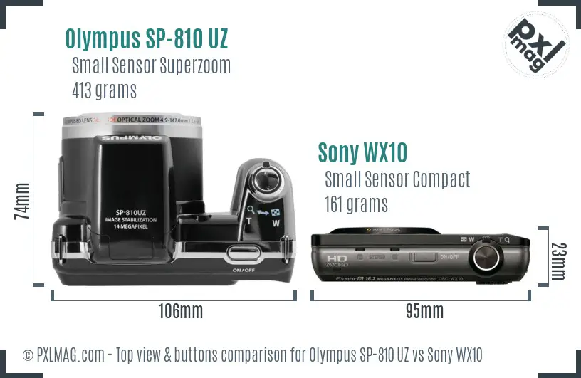 Olympus SP-810 UZ vs Sony WX10 top view buttons comparison