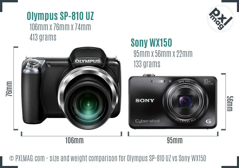 Olympus SP-810 UZ vs Sony WX150 size comparison