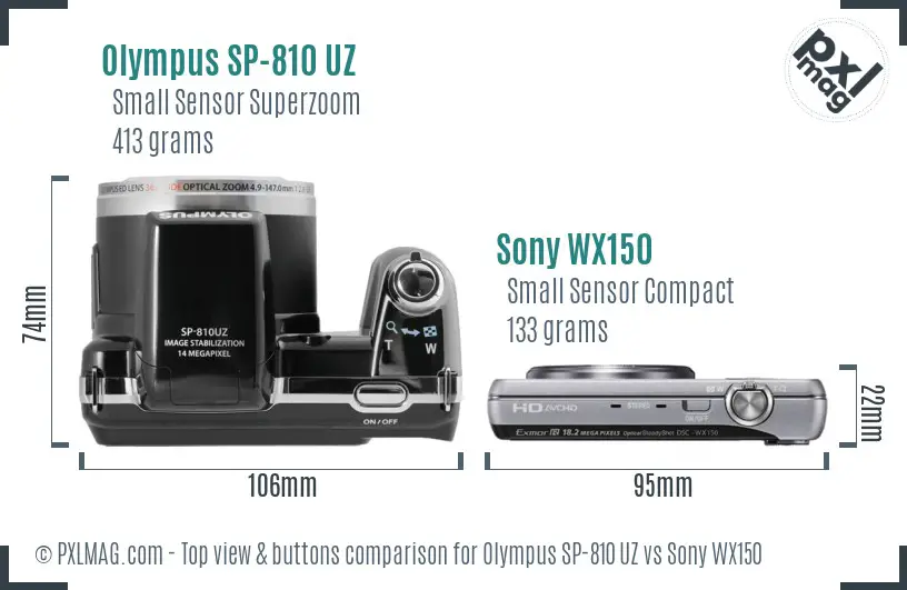 Olympus SP-810 UZ vs Sony WX150 top view buttons comparison