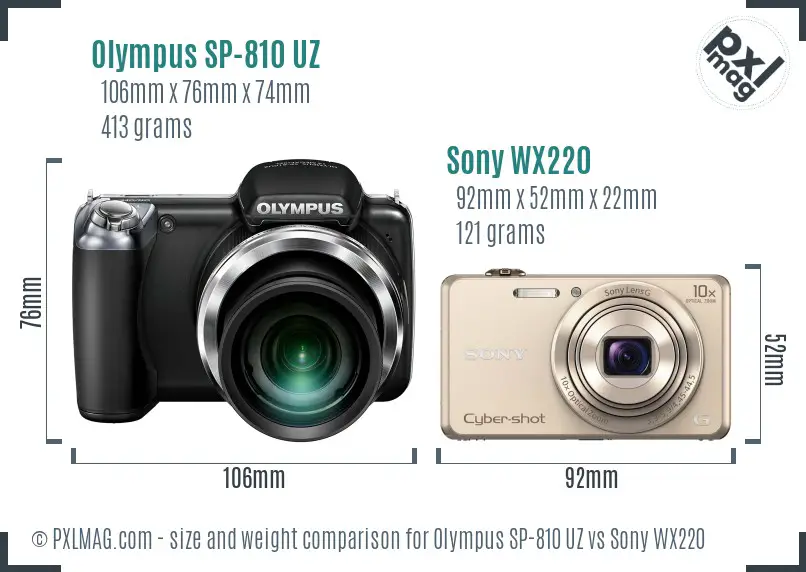 Olympus SP-810 UZ vs Sony WX220 size comparison