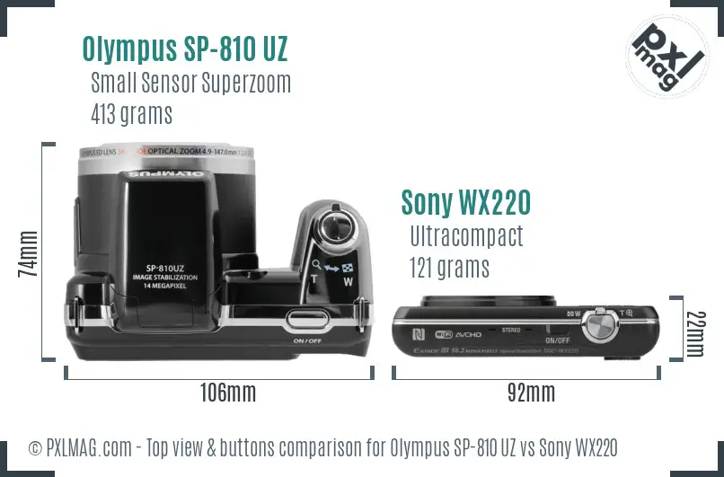 Olympus SP-810 UZ vs Sony WX220 top view buttons comparison