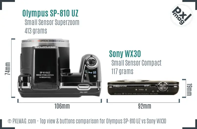 Olympus SP-810 UZ vs Sony WX30 top view buttons comparison