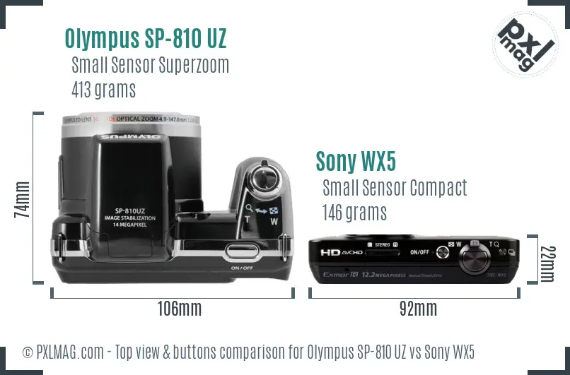 Olympus SP-810 UZ vs Sony WX5 top view buttons comparison